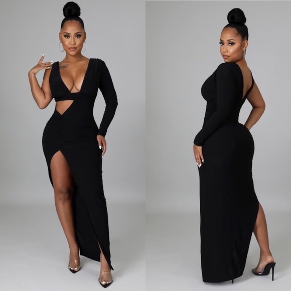 NEW TRENDY BLACK ONE SHOULDER FITTED MAXI DRESS - Picture 4 of 9